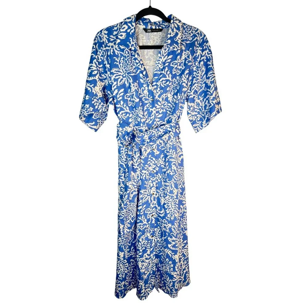 ZARA Large Blue & White Floral Belted Button-Down Midi Dress L Linen Blend Moroc - Picture 2 of 16